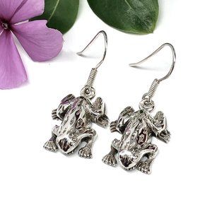 Earrings | Sterling Silver Unique Frog Charm Dangle Earrings | Jewelry